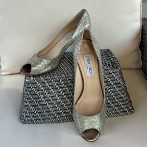 Jimmy Choo Isabel Glitter Peep Toe Pumps Shoes Size 7.5 US
